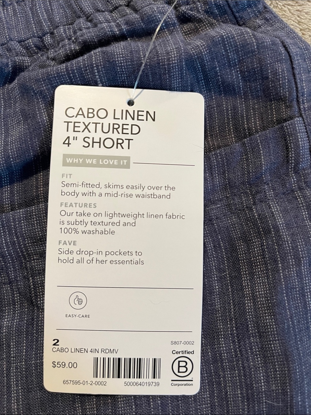 Athleta Cabo 4” linen textured Navy Drawstring Shorts